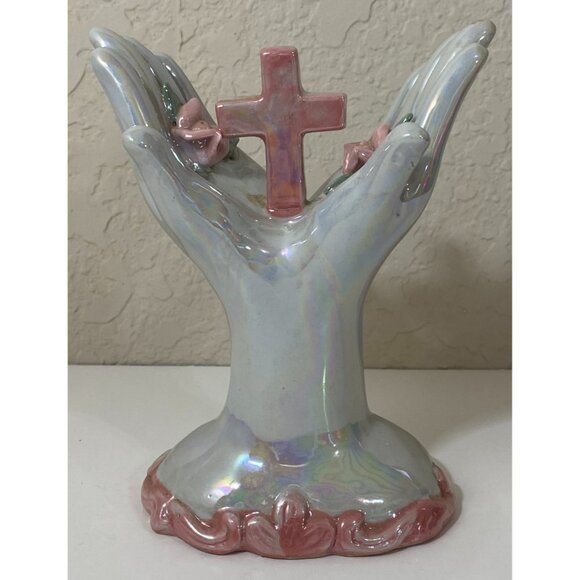 Pearl & Pink Ceramic Hands Holding Cross and Roses Flowers Christian Religious - Picture 1 of 6